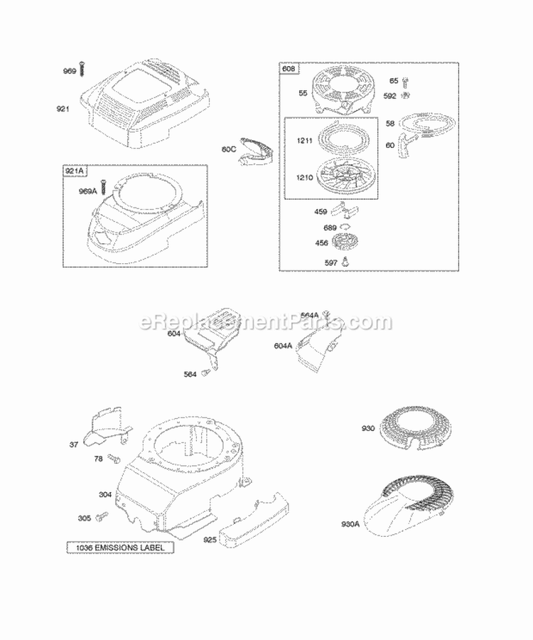 Blower Housing Rewind Starter Diagram and Parts List for 12L882-1509-21  Briggs and Stratton Engine